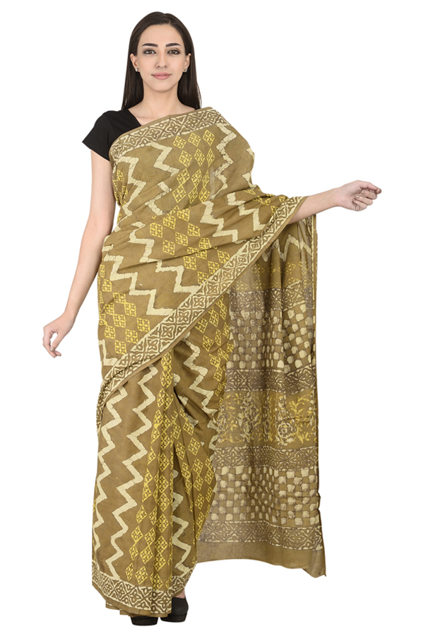 Green-Off White and Yellow Cotton Block Print Saree-20106